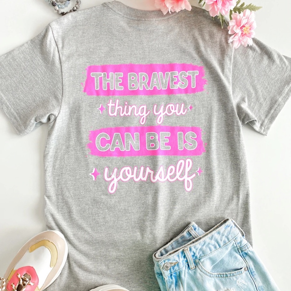 Jadelynn Brooke Gray & Pink The Bravest Thing You Can Be Is Yourself Pocket Tee
